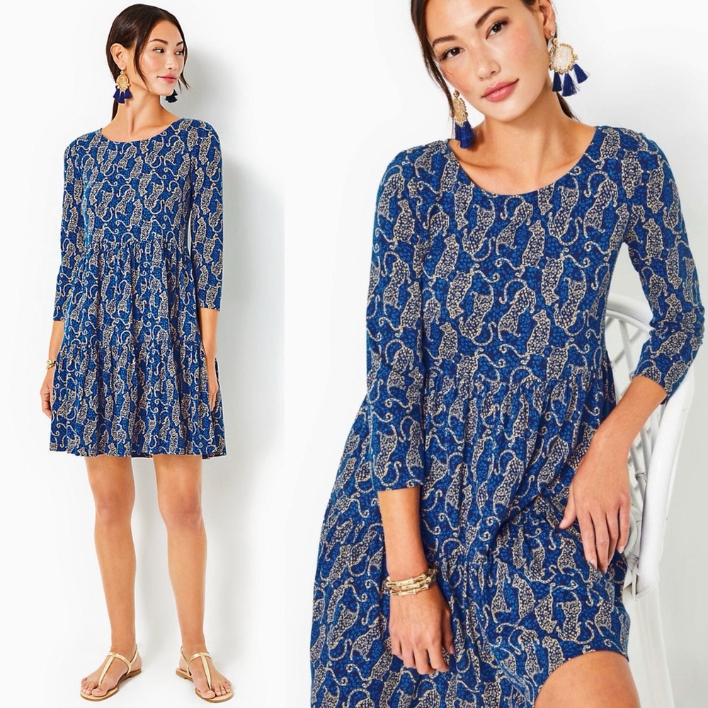 NEW Lilly Pulitzer Geanna Swing Dress in Low Tide Navy Easy To Spot Cheetah. 11